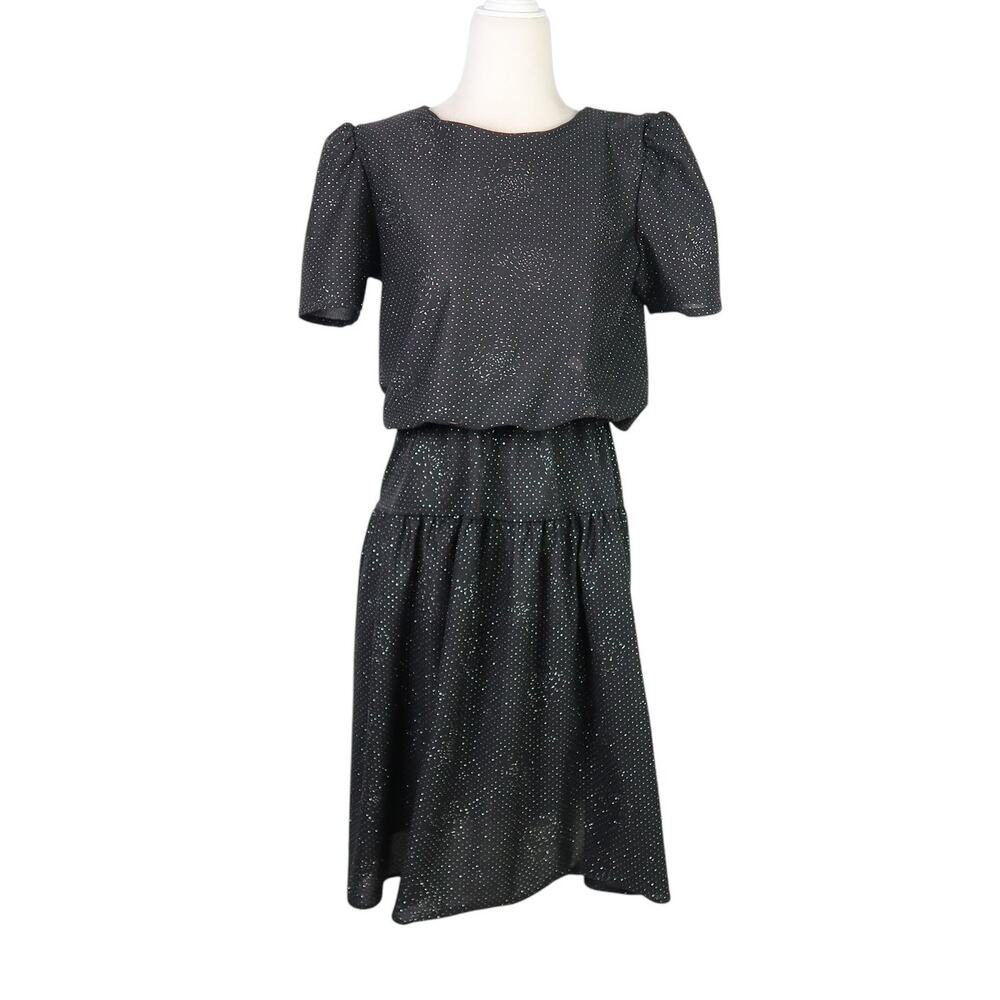 Vintage 80s Glamax black and silver floral dot print party dress 10
